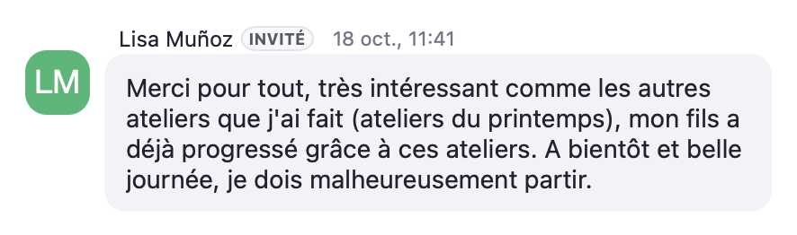 Capture d'écran d'un témoignage d'une maman qui a suivi les ateliers lecture, orthographe et grammaire et qui en est très satisfaite car son enfant a progressé
