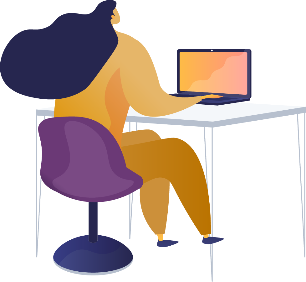 dessin d'une femme assise à son bureau en train de taper à l'ordinateur