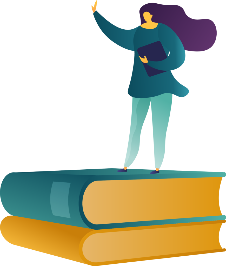 dessin de femme debout sur deux livres géants