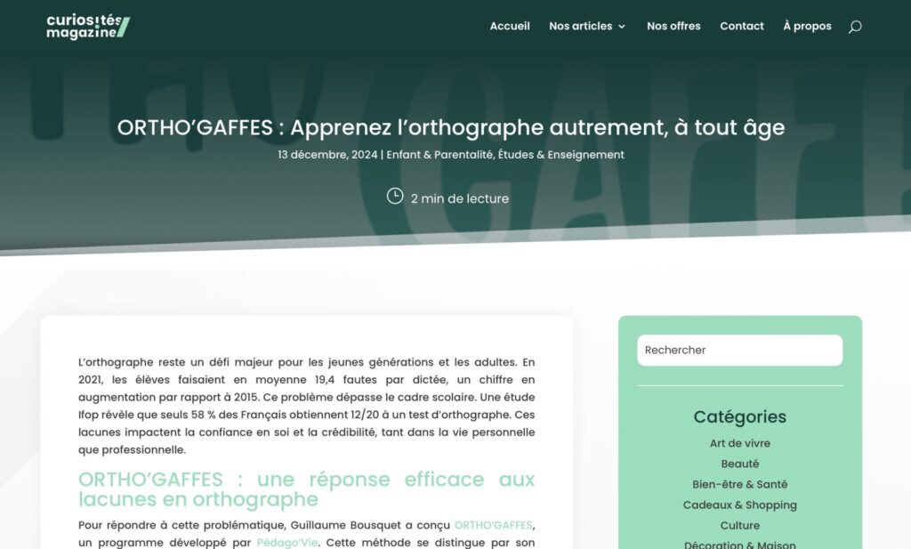 Capture d'écran d'un article sur le programme orthogaffes
