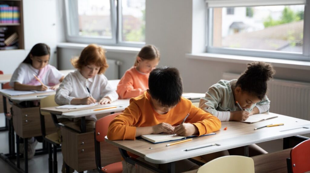 Enfants dans une classe d'école en train de travailler à leur bureau