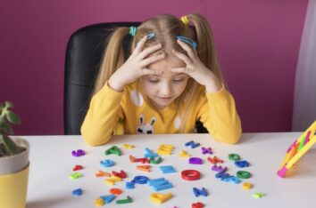 Jeune fille en train de regarder plein de lettres en plastiques disposées devant elle sur une table. Une pratique à éviter avec des enfants qui ne sont pas prêts à entrer dans la lecture