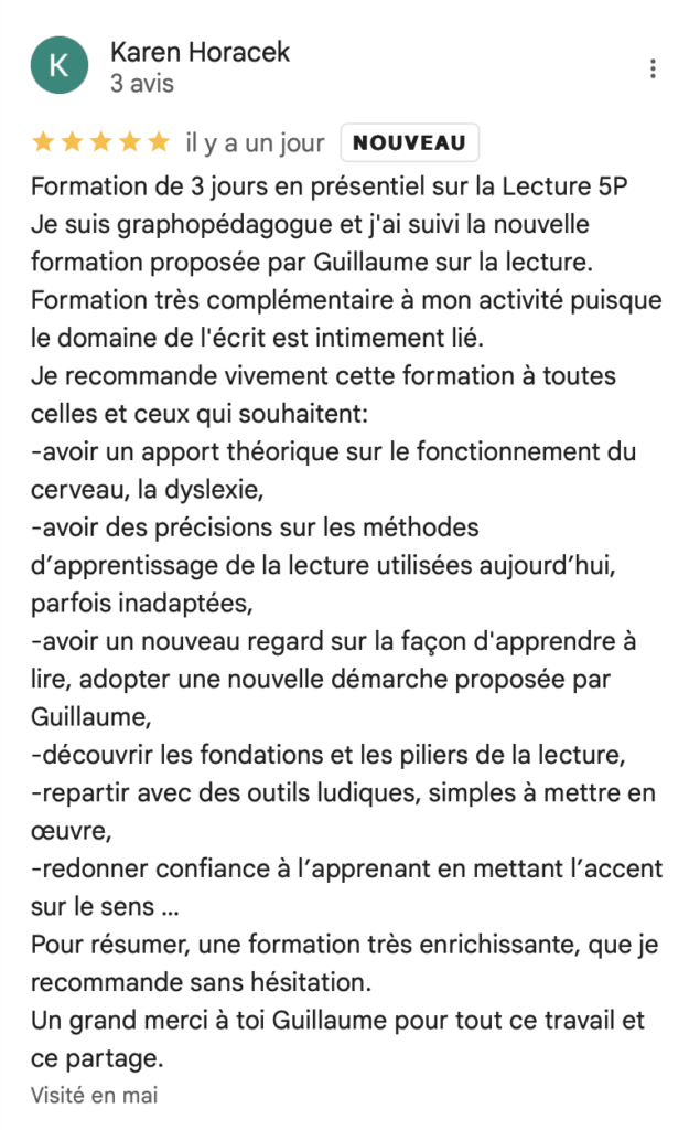 capture d'écran de la page google avec l'avis d'une cliente sur la formation lecture 5P