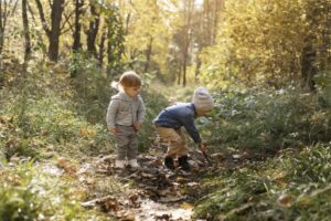 Deux garçons en train de jouer dans la forêt éclairée par le soleil