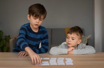 Deux garçons autour d'une table en train de jouer à un jeu de mémorisation pour s'amuser et progresser dans leur faculté de mémoire