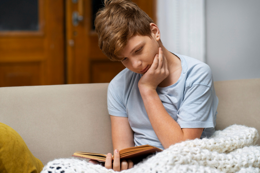 un ado en train de lire un livre installé sur un canapé