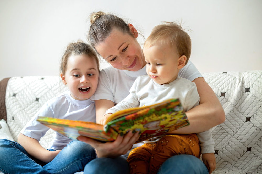 Une femme et deux enfants en train de lire une histoire