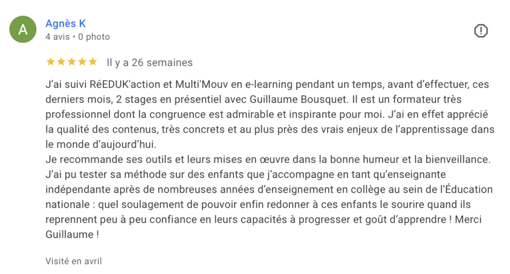 Avis publié par Agnès Kisoka sur la page Google Business de pedagovie suite à la formation RéEDUK'action, pour exprimer son enthousiasme suite à ce parcours de formation