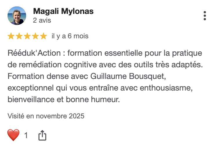 capture d'écran de la page google avec l'avis d'une cliente sur la formation RéEDUK’action et ses 18 activités efficaces pour la remédiation des troubles neurodéveloppementaux