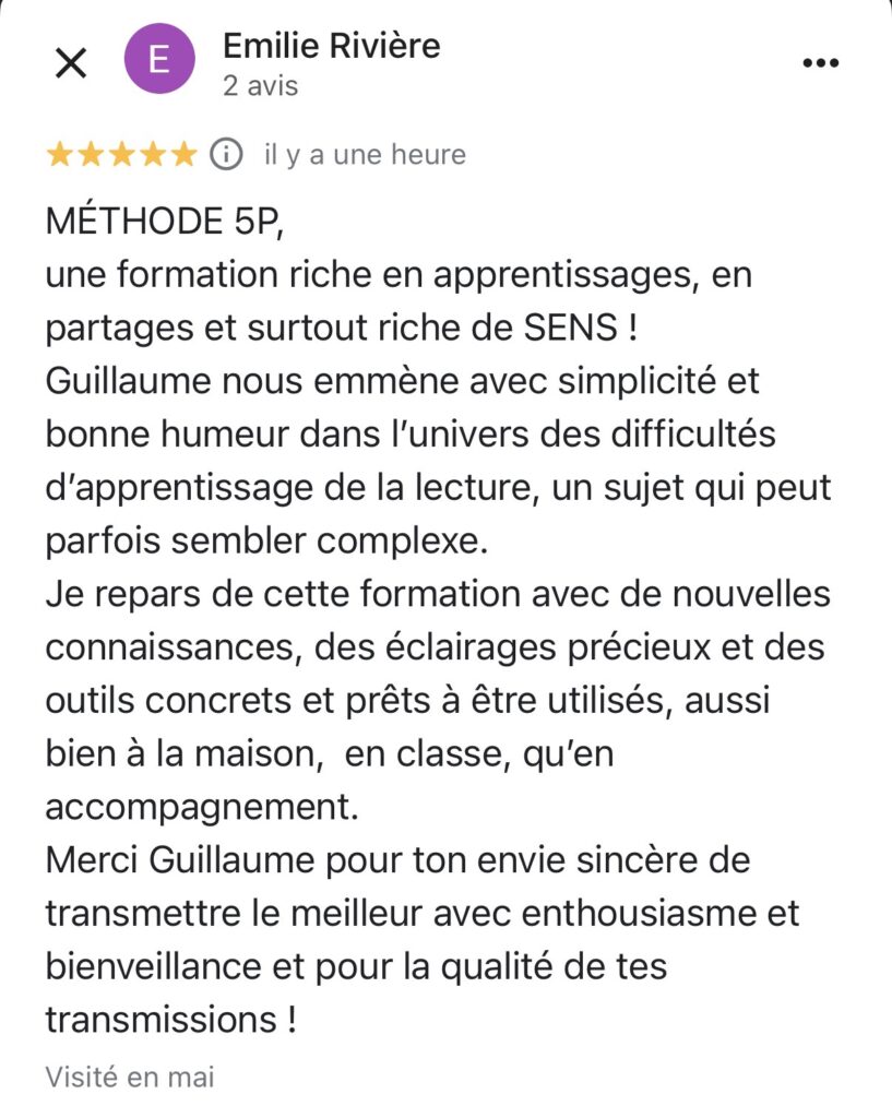 capture d'écran de la page google avec l'avis d'une cliente sur la formation lecture 5P