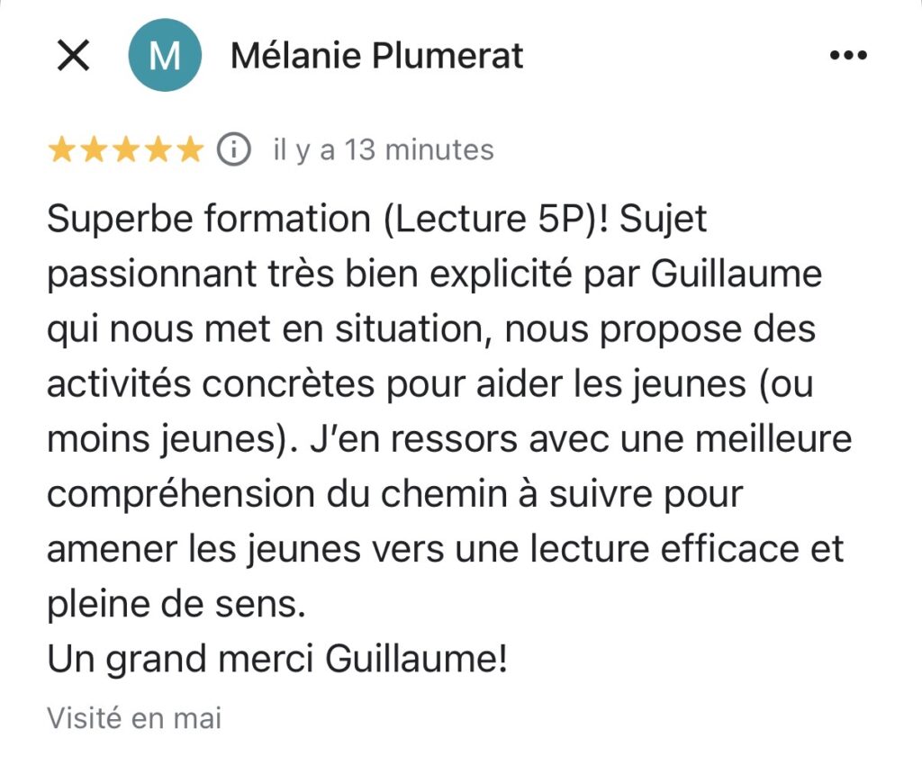 capture d'écran de la page google avec l'avis d'une cliente sur la formation lecture 5P