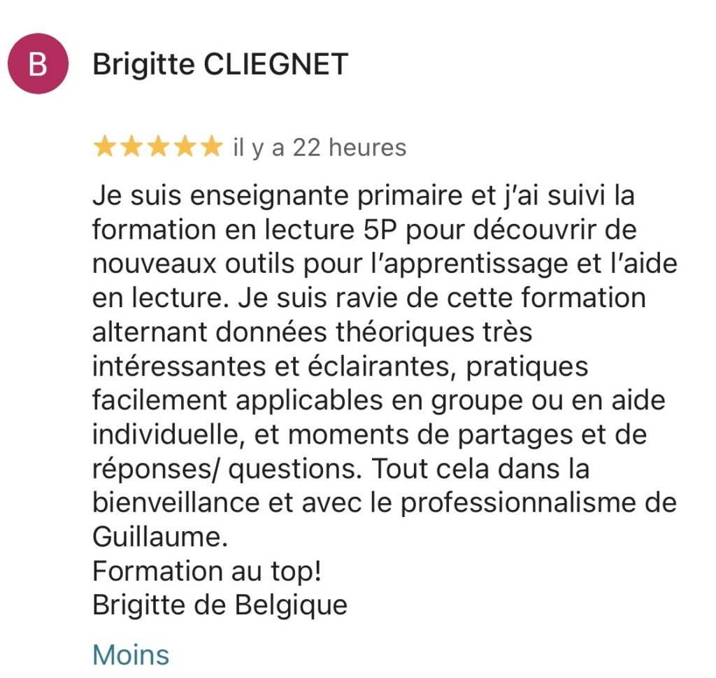 capture d'écran de la page google avec l'avis d'une cliente sur la formation lecture 5P