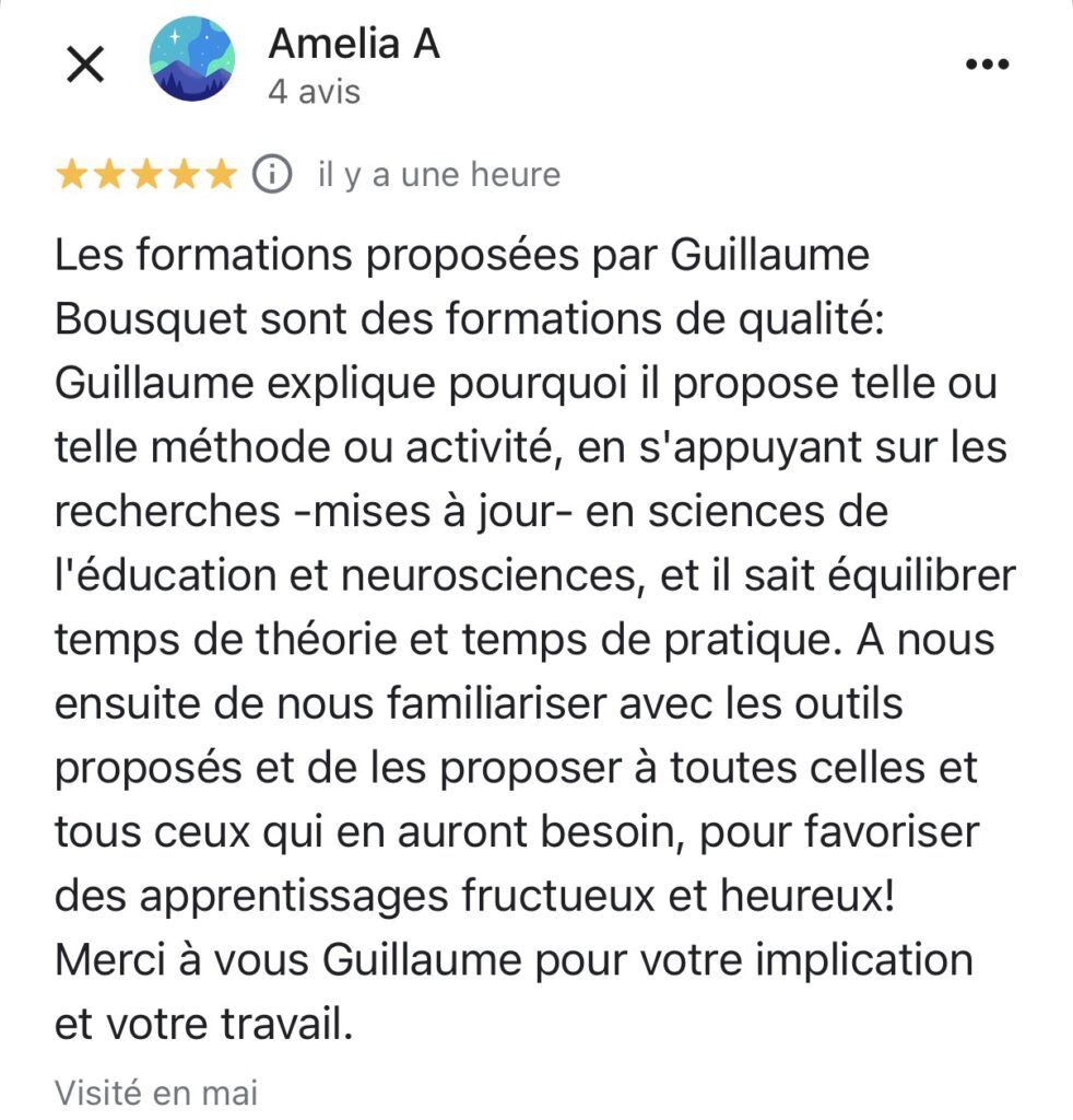 capture d'écran de la page google avec l'avis d'une cliente sur la formation lecture 5P