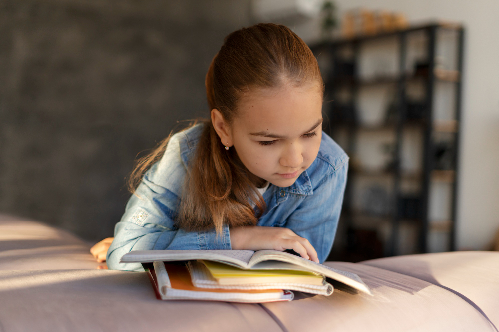Une jeune fille lit un livre avec attention